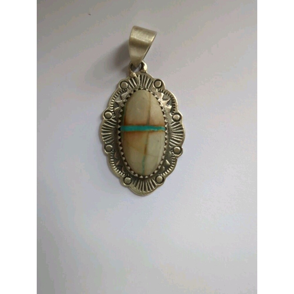Sterling Silver Southwest Navajo Style White Buffalo Turquoise Pendant 925 -1.5 - Picture 13 of 13